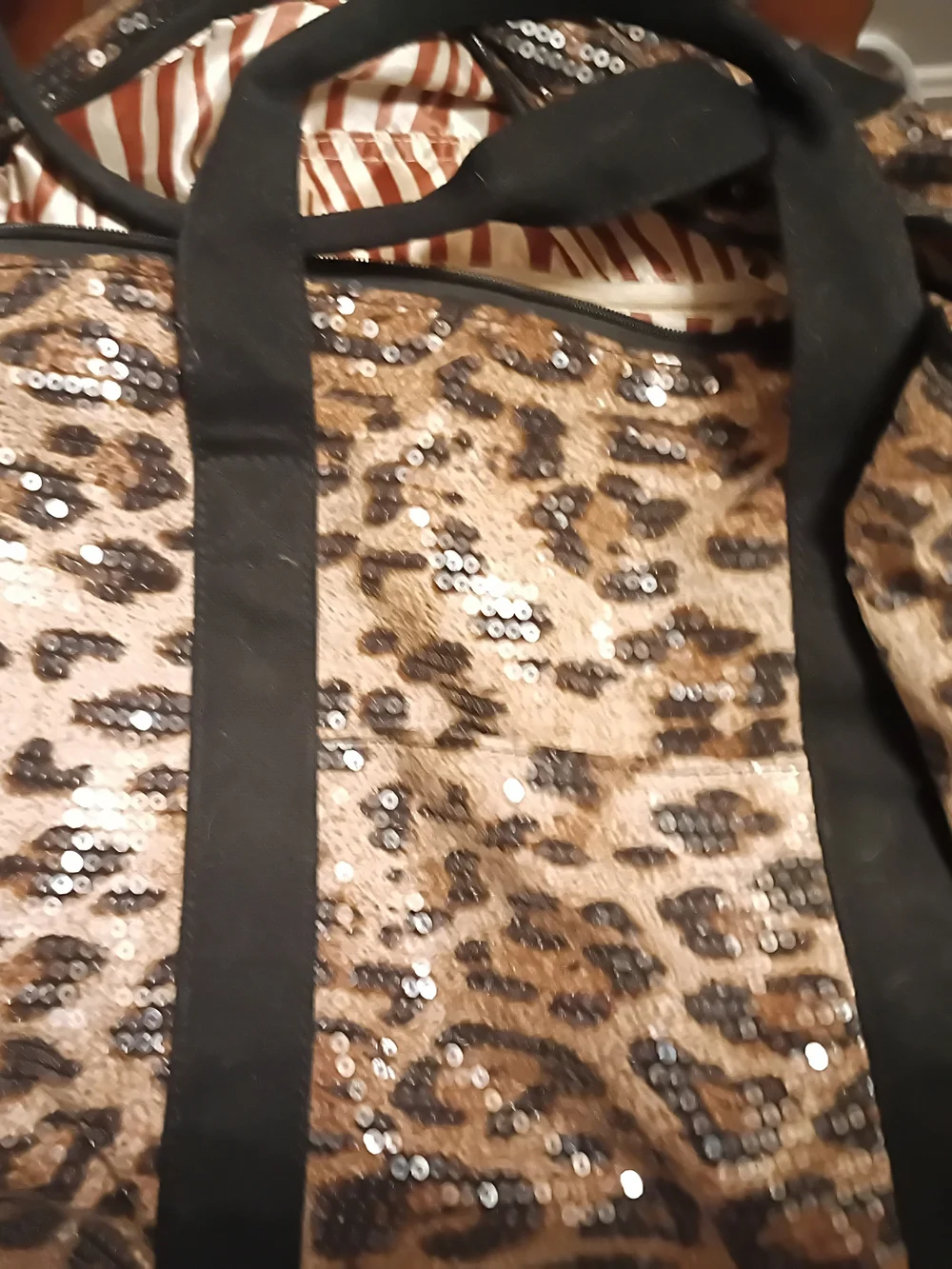 Sequined Leopard Print Tote Bag with Black Handles
